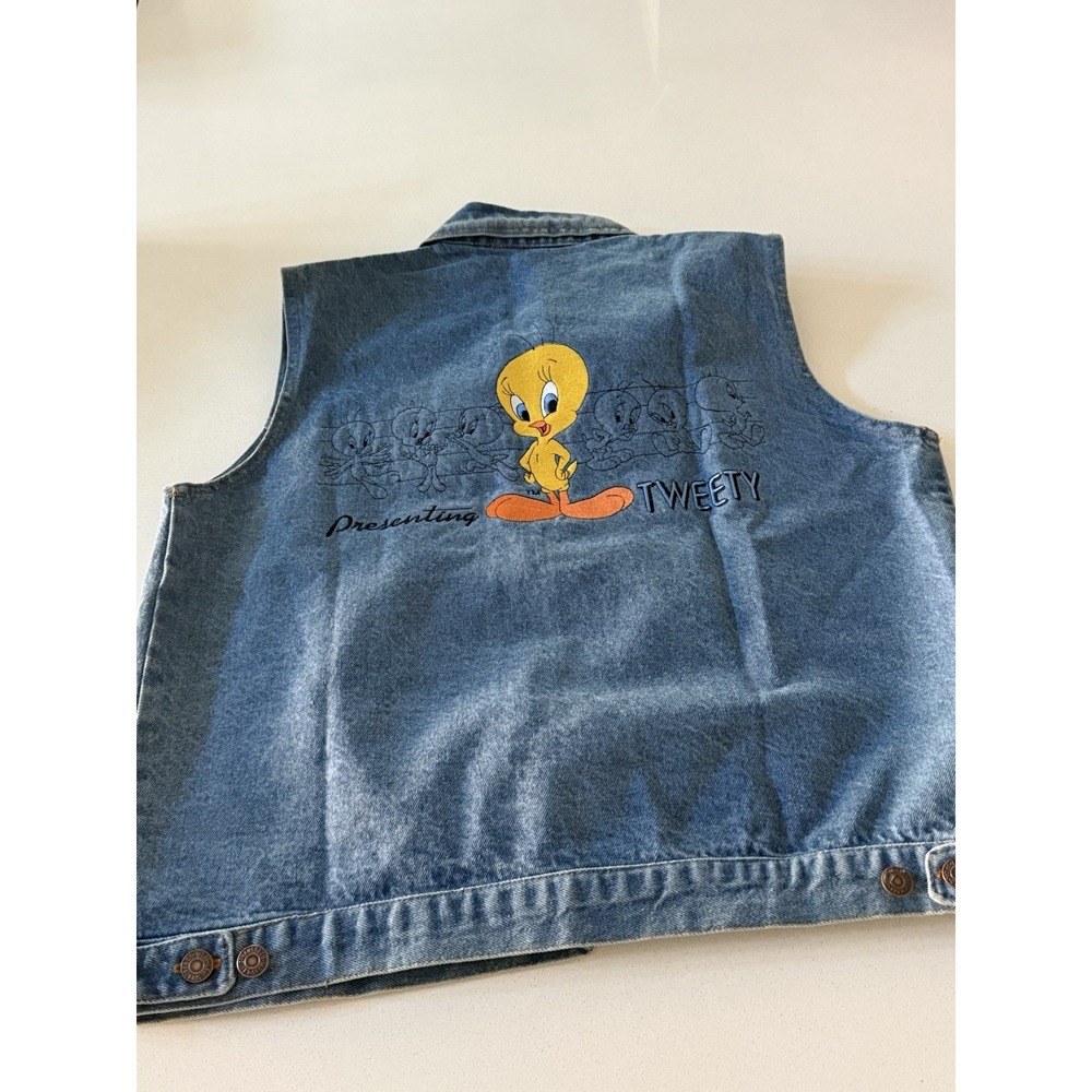Vintage Tweety Bird Looney Tunes Warner Bros Womens Denim Blue Vest Size Medium